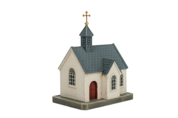 Detailed miniature white chapel model featuring a grey roof, golden cross steeple, and arched windows, perfect for decor or craft projects. background removed