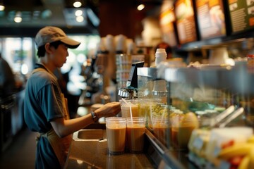 Asian male young barista preparing coffee drinks in busy cafe environment