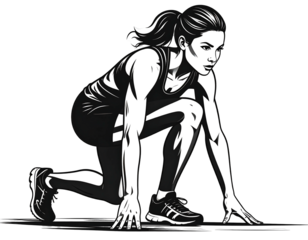 Dynamic grayscale image of a determined woman in athletic stance, poised and ready, hair in ponytail, against black backdrop