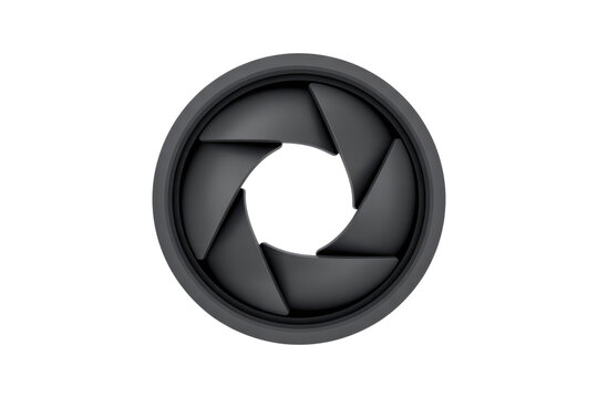A minimalistic 3D render of a dark gray camera aperture with six blades, slightly open, centered on a solid transparent background. background removed