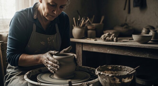 A focused potter shapes clay on a spinning wheel in a rustic workshop, hands covered in clay.