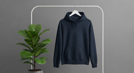 Clean and minimalist studio shot of a blank dark blue unisex hoodie hanging on a white garment rack, perfect for apparel mockups and clothing designs