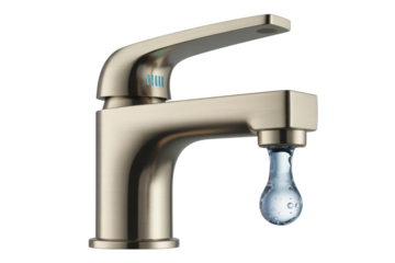 Modern brushed metal faucet with blue LED indicators and a pristine water drop, symbolizing efficiency and fresh water. background removed