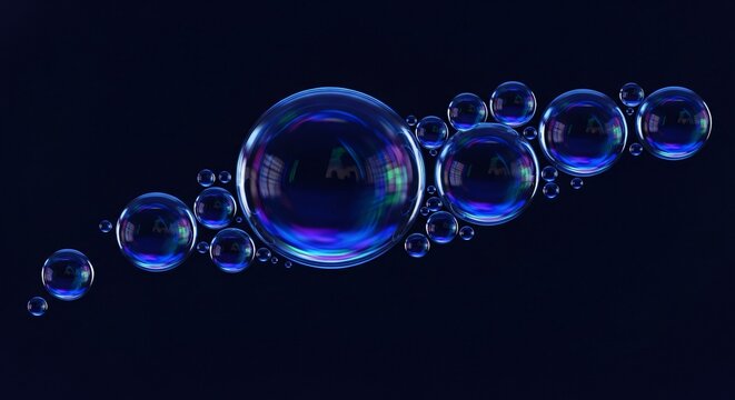 A cluster of iridescent soap bubbles floating against a dark blue background.