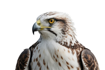 This image captures a close-up of a majestic white and brown osprey, featuring its sharp yellow eyes and powerful hooked beak. background removed