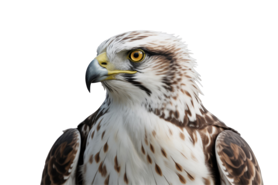 This image captures a close-up of a majestic white and brown osprey, featuring its sharp yellow eyes and powerful hooked beak. background removed