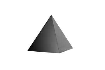 A sleek, dark grey 3D pyramid with subtle reflections, prominently displayed against a vibrant transparent background, offering a minimalist geometric design. background removed