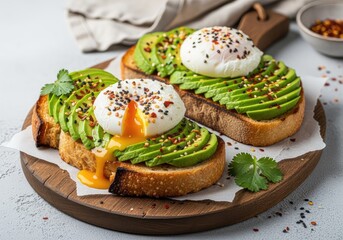 Delicious avocado toast with poached eggs and everything seasoning, a healthy breakfast option
