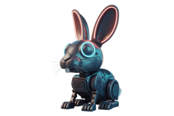 A futuristic dark metallic robot rabbit with vibrant neon red ear outlines and glowing blue eyes, sitting calmly, blending nature and technology. Isolated. background removed