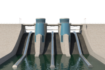A detailed 3D rendering of a modern concrete dam with two blue control towers and multiple water pipes extending into the reservoir below. background removed