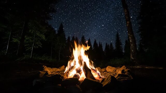 Dynamic wide shot of a crackling campfire, flames dancing and emitting a warm, inviting light under a starry night sky, with a subtle left-to-right pan comfort, spiritual, cinematic