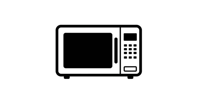 Minimalist black and white microwave icon on white background