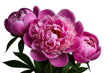 Magnificent pink peonies with dew droplets, central bloom unfurling fuchsia core, vibrant green leaves, deep shadows on transparent studio background, dramatic macro photography study of intricate