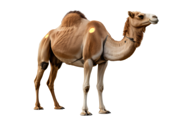 A majestic dromedary camel stands tall, showcasing its single hump and characteristic desert features on a transparent background. background removed