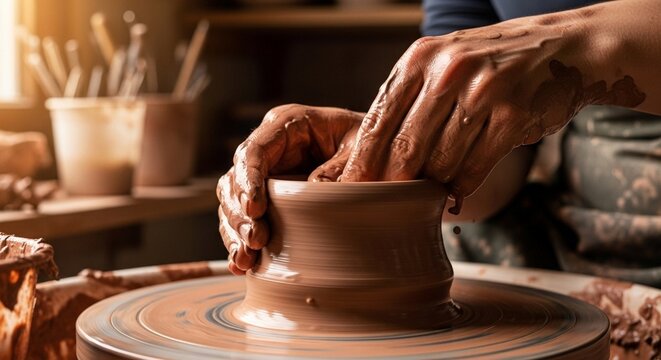 Artisan pottery handmade process with craftsman shaping clay on spinning wheel under warm light