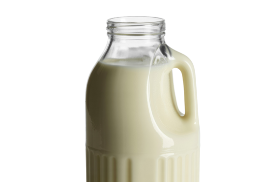 A clear glass bottle with a handle, filled with fresh white milk, stands prominently against a solid transparent background. background removed