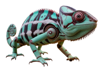 A stunning chameleon with intricate blue, white, and black striped patterns, featuring textured skin and prominent eyes, against a solid transparent background. background removed
