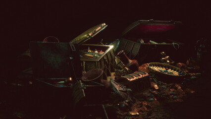 In a dimly lit cave, a treasure trove reveals ornate artifacts and glittering gems. Chests overflow with gold coins, while the air is thick with mystery and adventure.