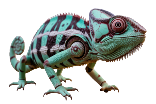 A stunning chameleon with intricate blue, white, and black striped patterns, featuring textured skin and prominent eyes, against a solid transparent background. background removed