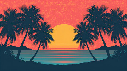 Silhouettes of Palm Trees on a Tropical Beach at Sunset - Contemporary Vintage Hues
