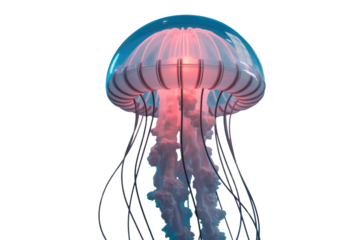 A stunning 3D rendered jellyfish with a translucent blue bell and glowing red bioluminescence, featuring intricate tentacles, against a green backdrop. background removed