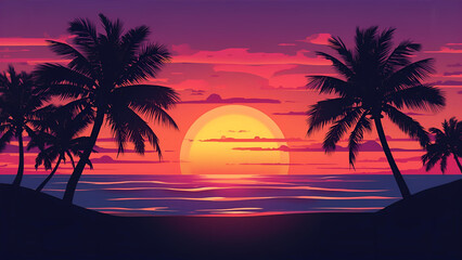Silhouetted Palm Trees on a Tropical Shore at Sunset - Stylish Vintage Shades