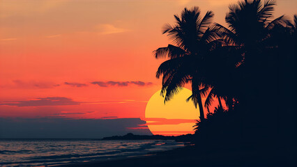 Silhouettes of Palm Trees on a Tropical Coast at Sundown - Current Vintage Colors