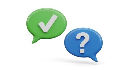 Green checkmark and blue question mark in speech bubbles representing answers and questions