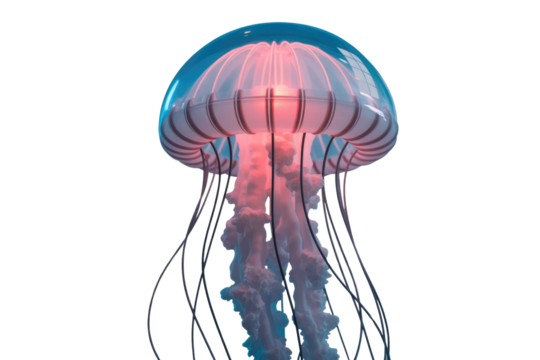 A stunning 3D rendered jellyfish with a translucent blue bell and glowing red bioluminescence, featuring intricate tentacles, against a green backdrop. background removed - Powered by Adobe