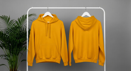 Front and back view of a plain golden yellow hooded sweatshirt hanging on a white rack with green plants in the background