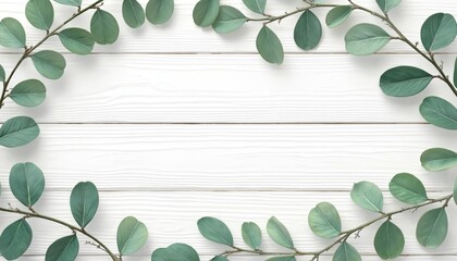 Elegant eucalyptus leaves frame on white wood surface. Branches form border around clean background. Stylish botanical design for cards or posters. Plant decor with nature touch ideal for invitations.