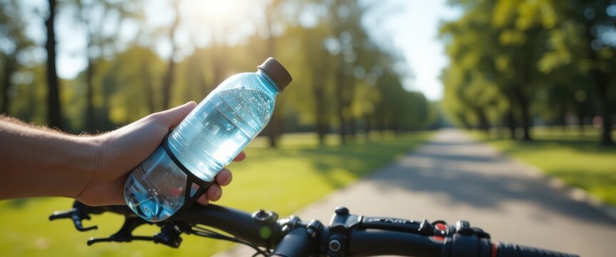 Person holding a water bottle while cycling on a sunny park path with trees