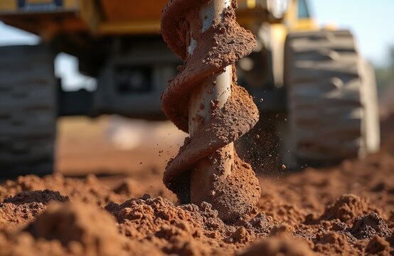 Large industrial auger drill bit covered in dirt and soil. Machine is drilling into the ground at a construction site. Heavy machinery is visible in the background. Drilling equipment is in operation.