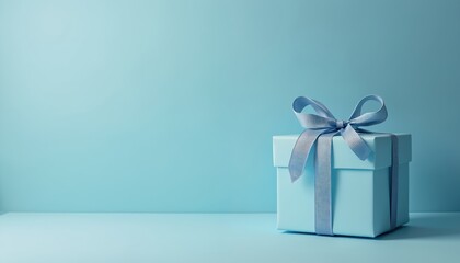 Light blue gift box with matching ribbon on solid blue background. Box is wrapped with blue ribbon and has bow on top. Gift is placed on blue surface. Blue present symbolizes thoughtful surprise.