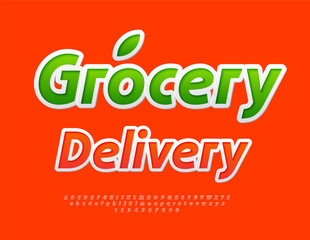 Vector Trendy sign Grocery Delivery. Red Sticker Font. bright Italic Alphabet Letters and Numbers set