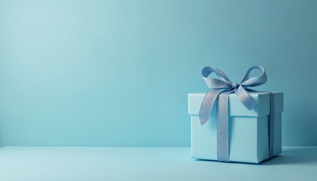 Light blue gift box with matching ribbon on solid blue background. Box is wrapped with blue ribbon and has bow on top. Gift is placed on blue surface. Blue present symbolizes thoughtful surprise.
