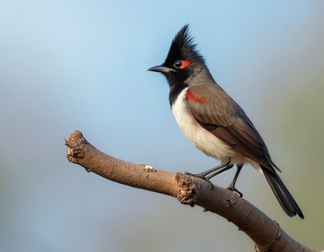 Red whiskered bulbul bird perched on tree branch. Small dark crested avian with red ear patch, white belly, grey wings, black tail. Nature scene, soft blue sky background.