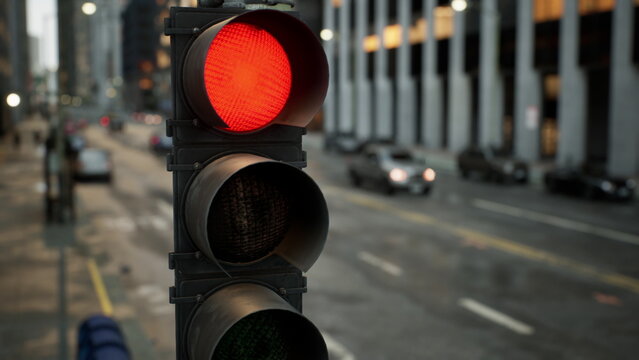 A vibrant red traffic light stands tall amidst a bustling cityscape at dusk. Vehicles are lined up, waiting patiently as the golden glow of streetlights starts to illuminate the urban scene.