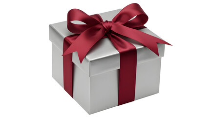 Silver gift box wrapped with a red satin ribbon and bow for holidays and promotions isolated PNG with Transparent Background