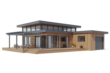 Modern, wood-clad house featuring an expansive deck with pergola, outdoor furniture, and large windows, complete with an attached garage. background removed
