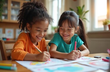 Two smiling girls draw together at table. Diverse kids enjoy art class with markers on paper indoors. Happy children express creativity in colorful artwork at home.