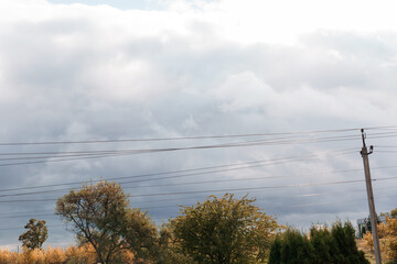 Dramatic Cloudy Sky Over Rural Landscape with Power Lines and Autumn Trees, Grey and Brown Tones, Atmospheric Weather Scene