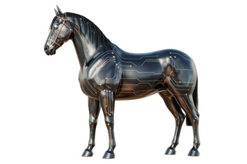 Obraz premium A sleek, metallic horse adorned with glowing circuit patterns, symbolizing artificial intelligence, technological advancement, and digital power. background removed