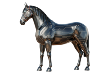 A sleek, metallic horse adorned with glowing circuit patterns, symbolizing artificial intelligence, technological advancement, and digital power. background removed