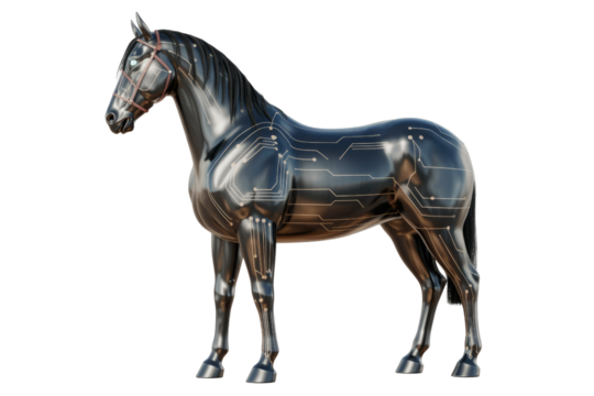 A sleek, metallic horse adorned with glowing circuit patterns, symbolizing artificial intelligence, technological advancement, and digital power. background removed