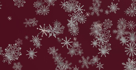 Elegant image of falling snowflakes against a rich burgundy backdrop, perfect for winter holiday designs and seasonal promotions. Capture the fe