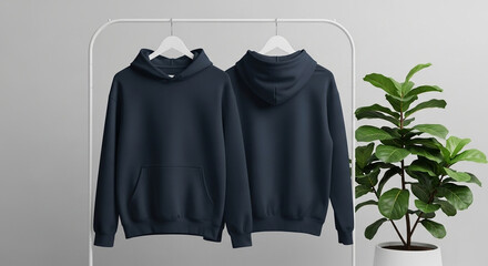 Front and back view of a blank dark blue hoodie mockup hanging on a clothing rack. Plain sweatshirt apparel template for design presentation