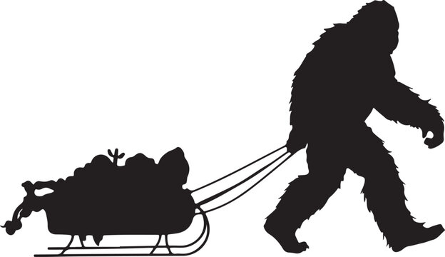 Silhouette of Bigfoot Pulling a Sleigh Laden with Gifts on a White Background yeti sasquatch