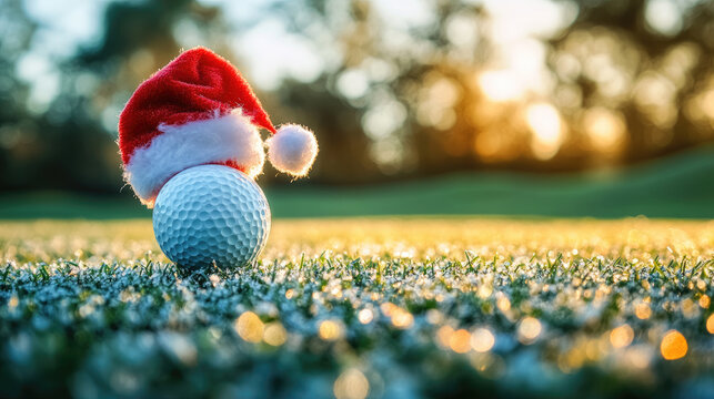 White golf ball wearing a Santa Claus hat resting on a red tee on a green golf course on a sunny Christmas day, celebrating the festive season with a touch of sportsmanship.. Copy space. Banner