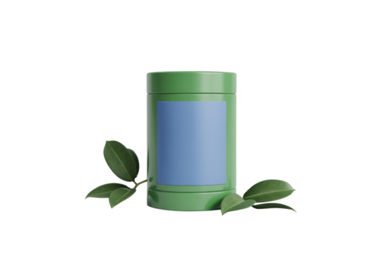A minimalist 3D render of a green product container with a blank blue label, surrounded by fresh green leaves on a solid transparent background. background removed
